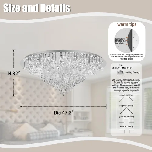 Vista 2 de ykolupty Lámpara de araña W47.2 para sala de estar y comedor, moderna lámpara de techo de cristal LED, regulable 2700-6000K