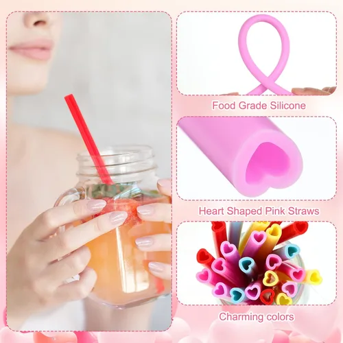 Vista 3 de Jutom Paquete de 25 pajitas en forma de corazón de San Valentín de 9.8 pulgadas reutilizables de silicona con 2 cepillos de limpieza para regalos