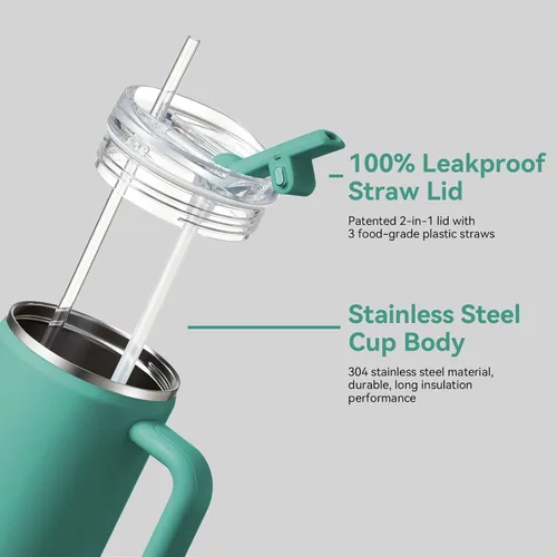 Vista 4 de Gpeng 30/40/50 oz Vaso con asa, botellas de agua con tapa de popote, taza de viaje de acero inoxidable aislada compatible con portavasos, mantiene
