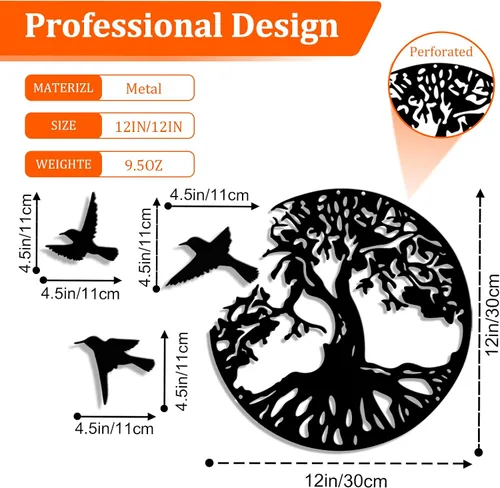 Vista 3 de LZAOA Arte de pared de metal con 3 pájaros, 4 piezas de arte decorativo de pared de metal negro con 3 pájaros para sala de estar, baño, cocina