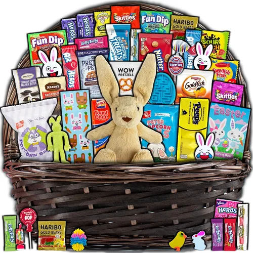 Vista 7 de Cesta de Pascua azul para niños y adultos (40 artículos) – Cesta de regalo llena de caramelos, bocadillos, golosinas y conejo de Pascua de peluche