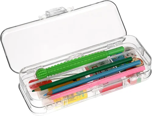 Vista 2 de BTSKY Caja de lápices de doble cubierta, caja de plástico transparente con 4 reglas extraíbles, espaciadores divisores, cajas de utilidad