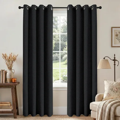 Vista 25 de Joydeco Cortinas negras 100% opacas para dormitorio, oscurecimiento de habitación, aislamiento térmico, cortinas cortas texturizadas con ojales