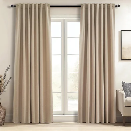 Vista 99 de Topfinel cortinas opacas de lino beige y blanco de 63 pulgadas de largo, 2 paneles para ventana pequeña, estilo natural de abedul bohemio y rústico
