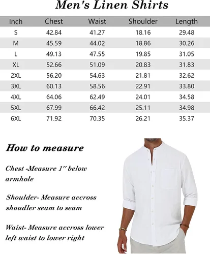 Vista 6 de Alimens & Gentle Camisas de algodón y lino para hombre, camisa de manga larga con botones, cuello de banda, camisas de playa