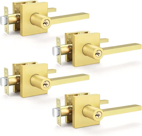 Vista 44 de EHOMEWARE Juego de manijas dobles para puerta delantera, paquete de 1 manija de puerta cuadrada de latón satinado, combinación de perilla de puerta
