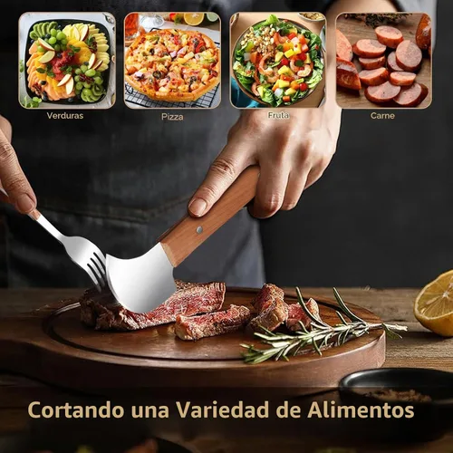 Vista 6 de Cuchillo basculante, cuchillo de carne para cortar carne, juego de hoja curvada y tenedor de acero inoxidable, asas de madera para amantes