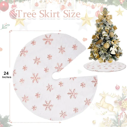 Vista 6 de Falda de árbol de copos de nieve de oro rosa de 24 pulgadas, faldas de árbol de piel sintética blanca, mini faldas de árbol de Navidad, tapete
