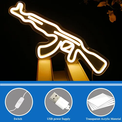 Vista 7 de Letrero de neón AK47Gun, arte de pared LED en forma de pistola, luz de neón LED alimentada por USB para decoración de pared en cueva de hombre, sala