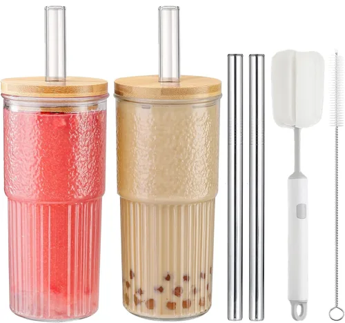 Vista 9 de 2 Vasos de Vidrio de 24 oz con Tapas de Bambú y Pajitas y 2 Tapas Herméticas, Vaso Reutilizable para Batidos Tarro Mason Vasos para Beber Vasos