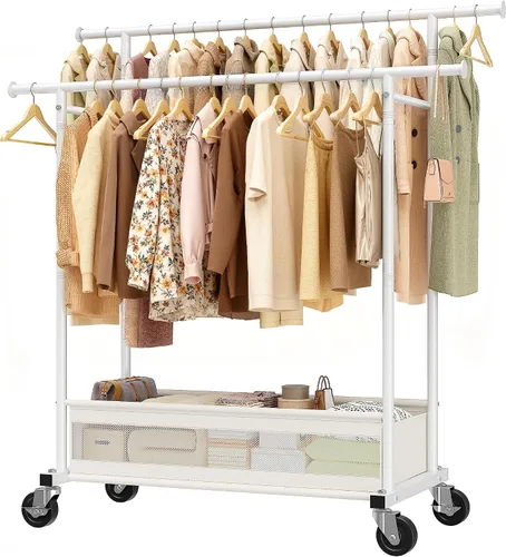 Vista 10 de Perchero de ropa con doble varilla, perchero para colgar ropa, perchero con cesta de almacenamiento y ruedas resistentes, perchero para dormitorio