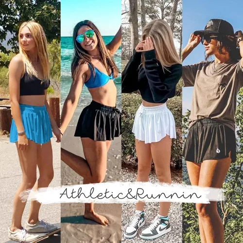 Vista 3 de FireSwan Pantalones cortos deportivos fluidos para mujer, 2 en 1, con bolsillos, para correr, gimnasio, entrenamiento, tenis, falda pantalón