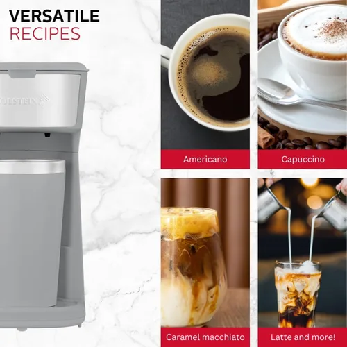 Vista 5 de Holstein Housewares Cafetera personal con taza de viaje de 14 onzas, máquina compacta de un solo toque con filtro reutilizable, apagado automático