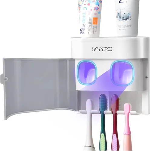 Vista 8 de Boperzi Soporte para cepillo de dientes con cubierta a prueba de polvo montado en la pared Dispensador automático para baño con ducha Juego con 2