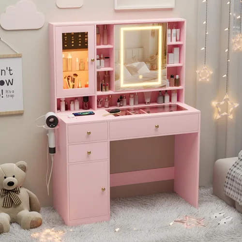 Vista 22 de Wodeer Pequeño escritorio de maquillaje con espejo y luces, tocador con armario de cristal, luces LED y toma de corriente, cajón y gabinetes