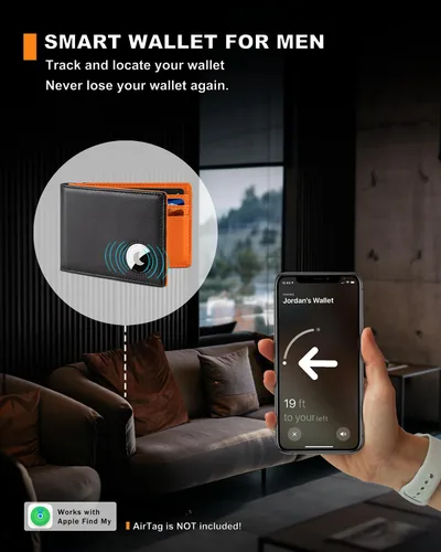 Vista 19 de Billetera AirTag para hombre, de piel auténtica plegable con bloqueo Rfid AirTag con ranuras para efectivo y ventana de identificación, compatible