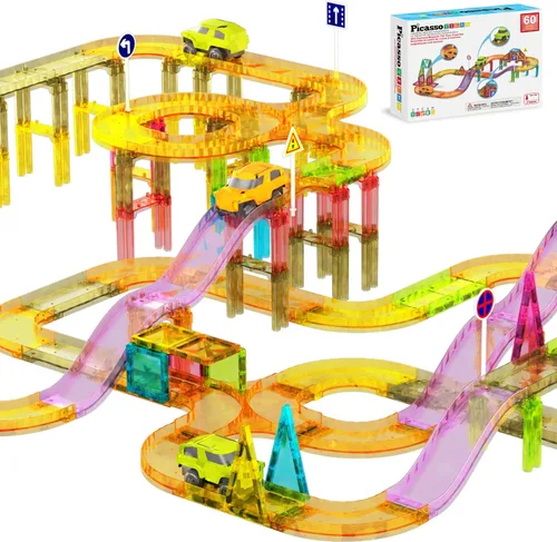 Vista 9 de PicassoTiles Pista de Carreras de Coches Magnéticos Azulejos Viaje Juguetes Sensoriales Imantados para Niños Pequeños STEM Educativo Aprendizaje