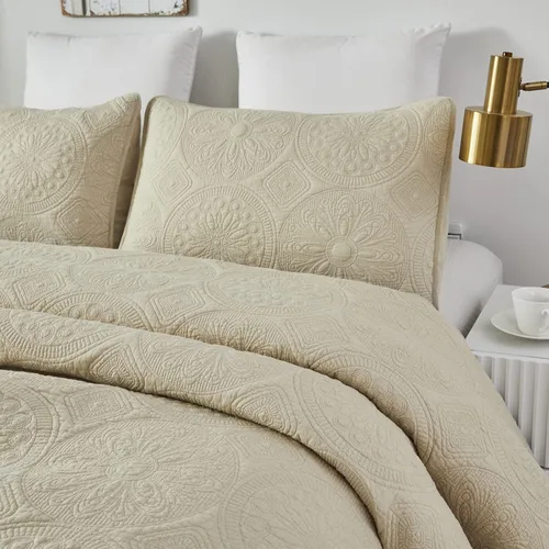 Vista 2 de Brandream juego de cama de lujo de 3 piezas, color blanco, de gran tamaño, juego de edredón, tamaño queen Beige