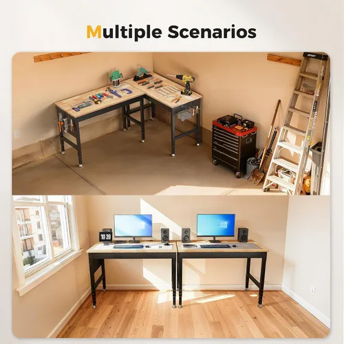 Vista 3 de CAMMOO Banco de trabajo ajustable de 96" de carga pesada, capacidad de carga de 2000 LBS, mesa de trabajo de madera de goma con tablero perforado
