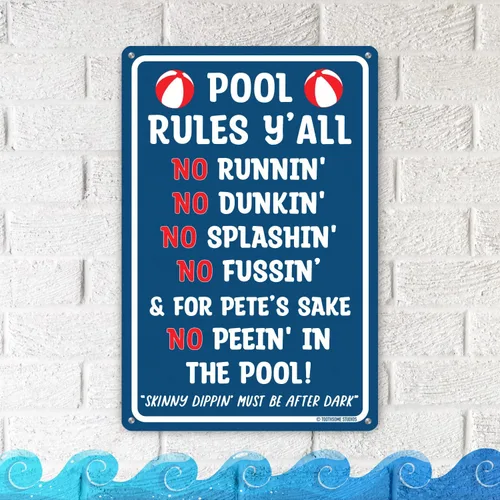 Vista 2 de Pool Rules Y'all Letrero de aluminio para piscina de 12 x 8 pulgadas, decoración de piscina al aire libre estilo sureño