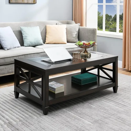 Vista 10 de LEEMTORIG KFZ-1318-AN - Mesa de centro de madera maciza de cristal con almacenamiento, mesa de centro de madera rústica para sala de estar