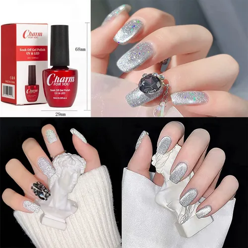 Vista 6 de VERONNI Esmalte de uñas de gel de ojo de gato con diamantes reflectantes, brillo plateado, ojo de gato, gel UV LED (E-01) con imán