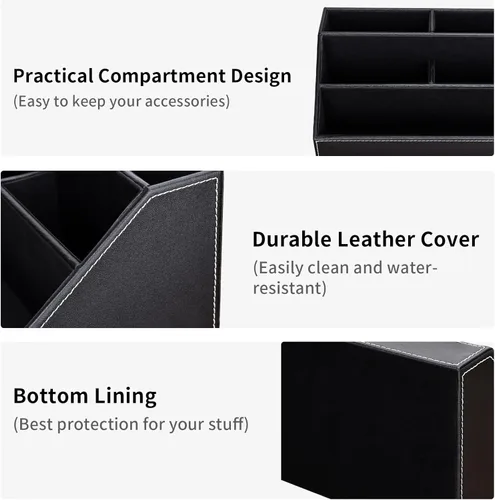 Vista 8 de KINGFOM™ Caja de almacenamiento y organizador de papelería multifunción para escritorio; estructura de madera y piel para la oficina del hogar; Negro