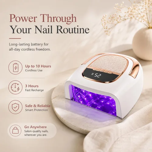 Vista 4 de Lámpara de uñas inalámbrica LED UV de 96 W para uñas de gel y acrílicas, secador de uñas recargable con batería de 15600 mAh (más de 60 usos)