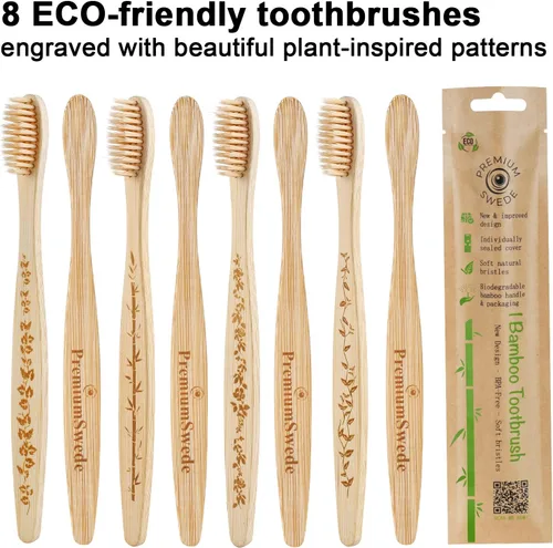 Vista 8 de Cepillos de dientes de bambú cerdas suaves para adultos, paquete de 8 cepillos de dientes de bambú ecológicos envueltos individualmente, cepillo