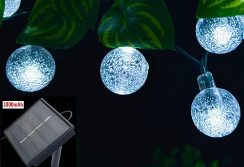 Vista 2 de Cadena de luces solares para exteriores resistentes al agua, 36 pies, 60 LEDs, 8 modos, luces solares de hadas con forma de globo de cristal