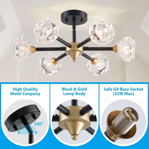 Vista 4 de XINGQI Lámpara de techo moderna de 6 luces, lámpara de montaje semiempotrado Sputnik, lámparas de araña doradas en negro para recámara, comedor