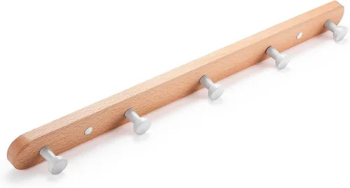 Vista 9 de Perchero de pared montado, estante de gancho de madera de nogal resistente con 5 ganchos dobles de metal para colgar abrigos, colgador de abrigos