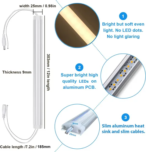 Vista 3 de Litever Barra de luz LED, cable blanco, 12 V CC, 3000 K blanco cálido, clips de montaje, tornillos, almohadillas autoadhesivas - Paquete de 2 Cable