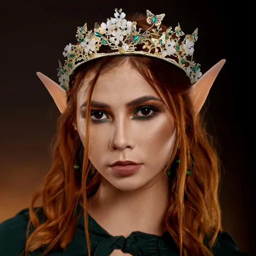 Vista 3 de FRESHME Juego de orejas de elfo con corona de hada, accesorios de disfraz de cosplay, diadema de mariposa, tiara de duendecillo con orejas de elfo