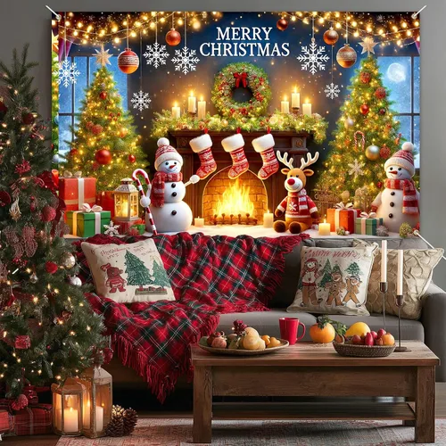 Vista 4 de BlissYard Pancarta de Fondo Navideño Escena de Chimenea con Muñeco de Nieve Reno Medias Guirnalda Árbol Regalos Decoración de Fiesta Navideña 71×43