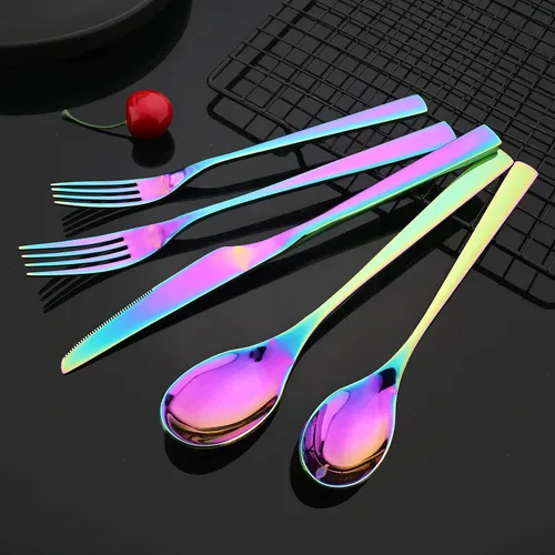 Vista 5 de JASHII Rainbow - Juego de cubiertos de 20 piezas de acero inoxidable 304 coloridos para 4, juego de vajilla para comer, acabado de espejo, mango