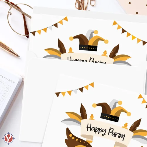 Vista 4 de 25 tarjetas de felicitación Happy Purim, máscara tradicional de símbolos de Purim, pergamino, invitaciones de felicitación religiosas judías