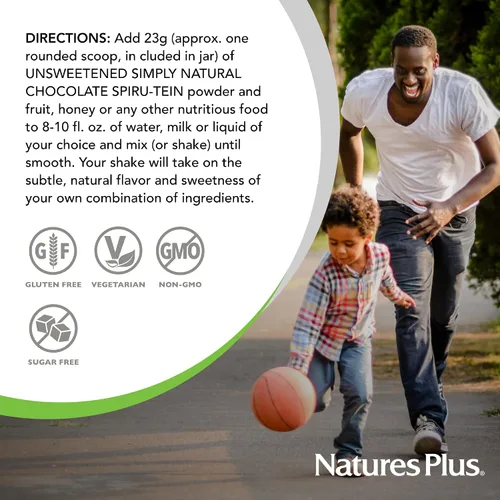 Vista 6 de NaturesPlus SPIRU-TEIN Simply Natural Chocolate original, 0.81 libras, batido de proteínas a base de plantas sin azúcar, sin OMG, vegetariano, sin
