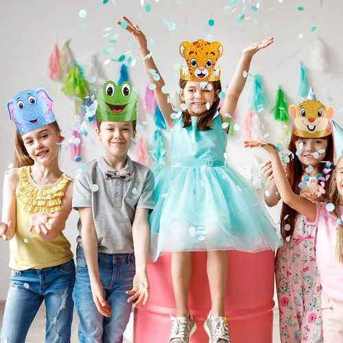 Vista 2 de Tinlade 48 sombreros de animales para niños, selva, safari, animales, de papel, coronas, diademas a granel, regalos de fiesta de cumpleaños