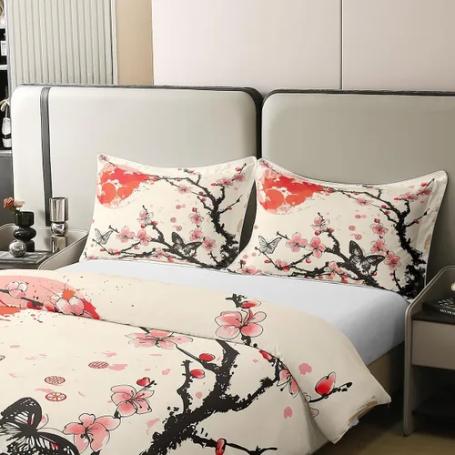 Vista 4 de jejeloiu Juego de funda de edredón de flores de cerezo 100% algodón, tamaño matrimonial, estilo japonés, juego de ropa de cama 100% algodón