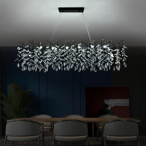 Vista 13 de Candelabro rectangular con ramas de árbol de cristal, L40 pulgadas, Mpdern de lujo cromado lineal Art Deco con forma de gota de lluvia para cocina
