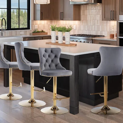 Vista 213 de SoarFlash Juego de 2 taburetes de bar tapizados de terciopelo moderno con patas de madera, botones acolchados, cabeza de clavo cromada, asiento