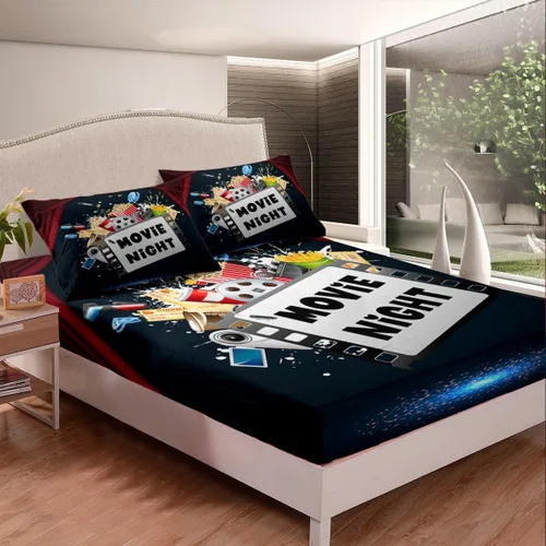 Vista 3 de Erosebridal Sábana bajera ajustable de noche de cine tamaño individual para niños y niñas, decoración de cine en casa, sábanas para amantes