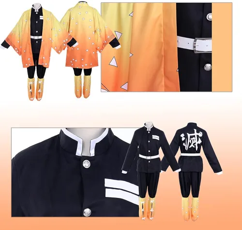 Vista 6 de Kicpot Zenitsu Cosplay-Demon Slayer - Disfraz de cosplay de 8 piezas de Agatsuma Zenitsu kimono de anime disfraz de Halloween para niños y adultos