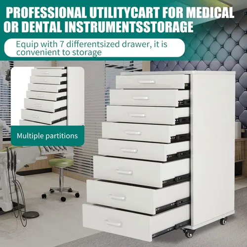 Vista 5 de Medical Dental Assistant's Mobile Cabinet Alabama Cart Utility Cart Carrito 7 cajones con asa, fácil de sacar y empujar hacia atrás. Blanco
