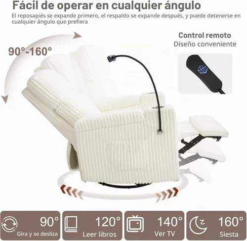 Vista 3 de ABCASA Mecedora reclinable eléctrica para guardería, planeador giratorio Pana-blanco