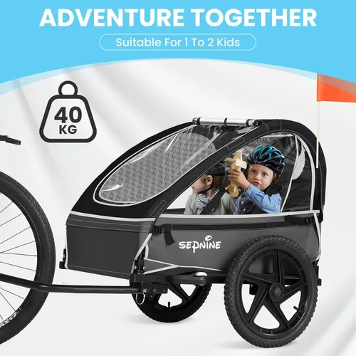 Vista 2 de Sepnine Remolque de bicicleta para niños, adecuado para 1 a 2 niños, 12 meses en adelante, fijación rápida a la bicicleta, plegable, con arnés de 5