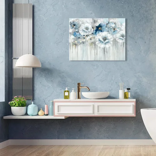 Vista 3 de Cuadro de flores para sala de estar, arte de pared floral azul y blanco sobre lienzo con detalles dorados para decoración de dormitorio gris, 32 x