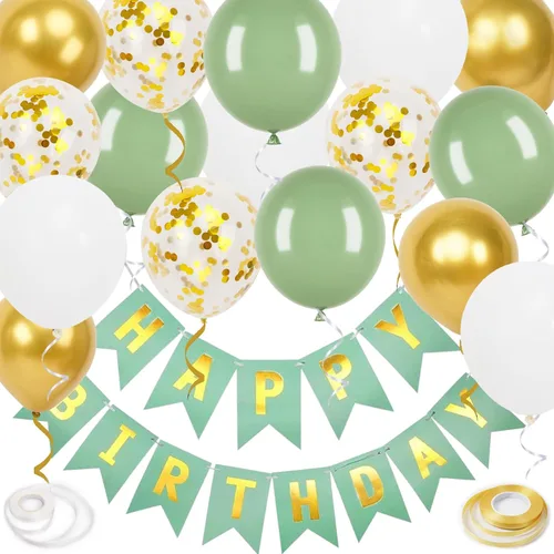 Vista 17 de Cartel de feliz cumpleaños, decoración de cumpleaños negro y dorado, 16 globos de 12 pulgadas con 2 cintas para hombres, mujeres, niñas y niños