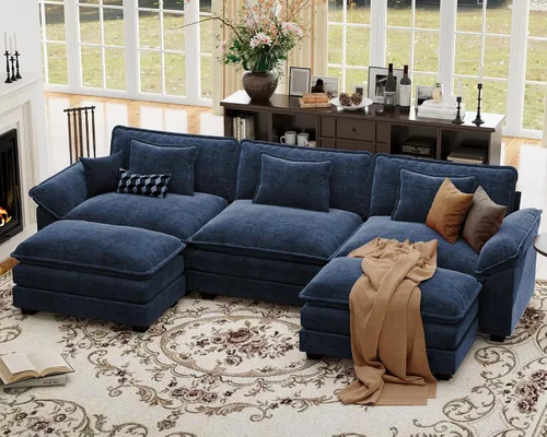 Vista 23 de Sofá modular de gran tamaño de 154 pulgadas, cómodo sofá en forma de U con 3 otomanas móviles, sofá moderno de felpilla de 7 plazas para sala